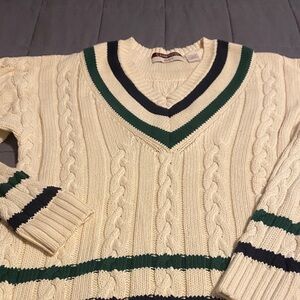 Cream Cable Knit Sweater with Green and Navy Stripes